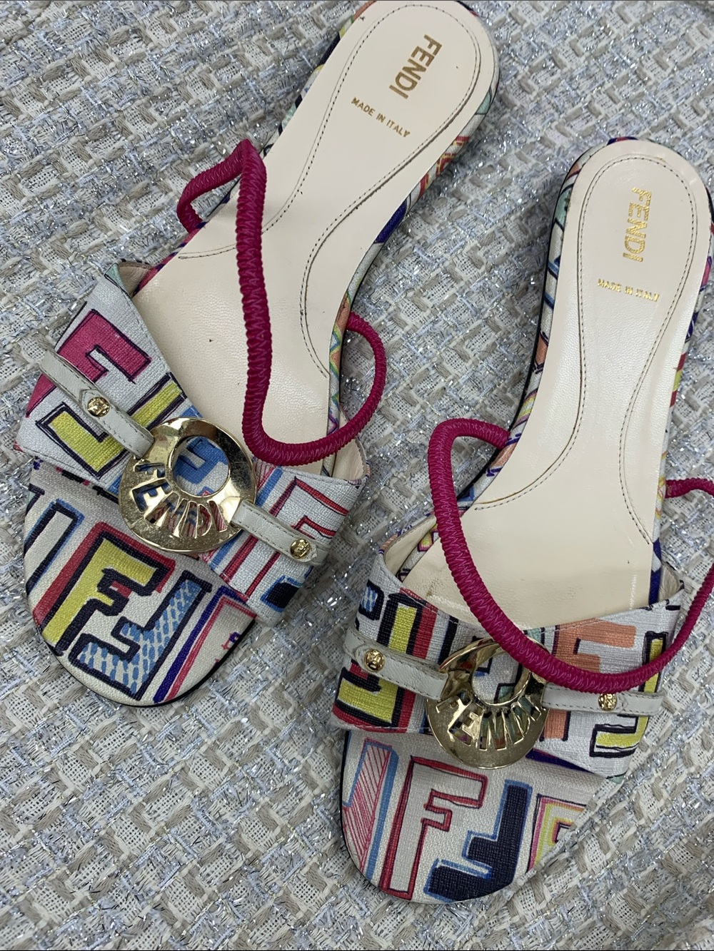 Fendi Multicolor Logo Slide Mules with Pink Rope Strap - Picture 6 of 9
